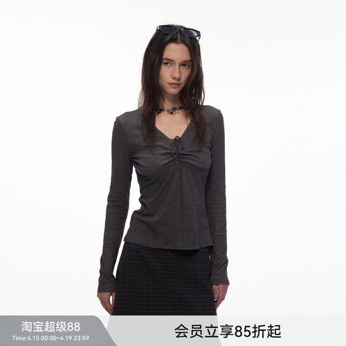 【雾染绑带】BiLLconch抽褶V领绑带长袖T恤女显瘦设计感打底衫