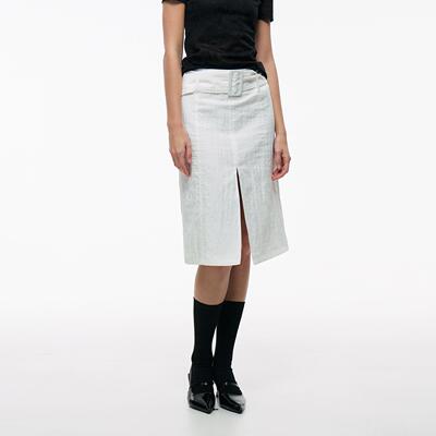 白色腰带开叉包臀半身裙