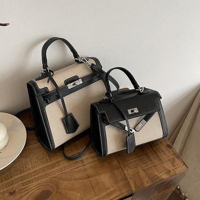 退货无忧帆布拼皮复古凯莉包