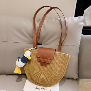 左嫂家 复古夏女半圆腋下单肩斜挎包百搭海边度假沙滩编织包 法式