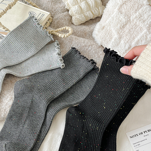 【5双装】日系搭配鞋带细抽条点子纱木耳边中筒wa~
