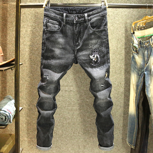 春秋季高端皇冠烫钻牛仔裤男款修身小脚弹力裤子潮牌破洞黑色长裤