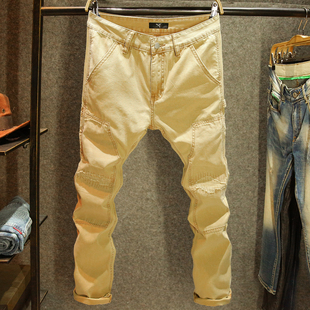 纯棉工装牛仔裤男款潮牌破洞小直筒长裤春秋款拼接斜袋休闲裤子男