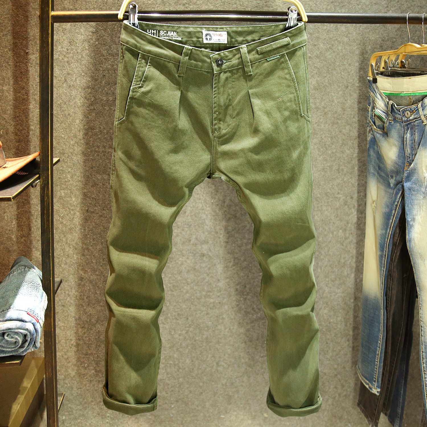纯棉美式休闲裤男款秋季阿美咔叽工装长裤潮牌军绿色百搭直筒裤子