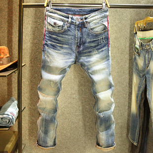 美式复古硬汉牛仔裤男弹力修身小脚裤高端水洗耐磨潮流猫须长裤子