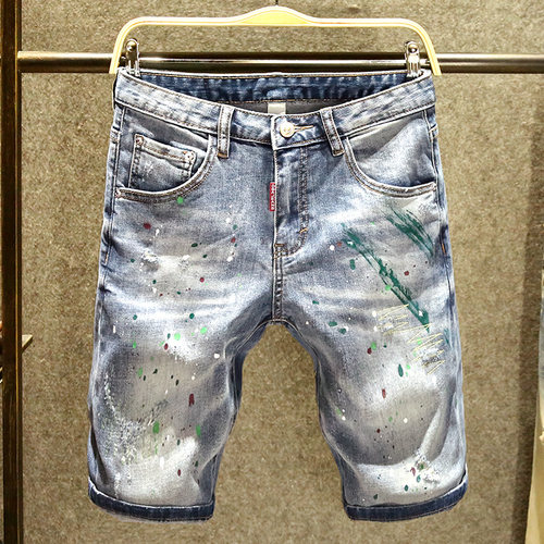 个性点墨牛仔五分裤男潮流百搭修身中裤潮牌磨破车缝设计短裤男夏