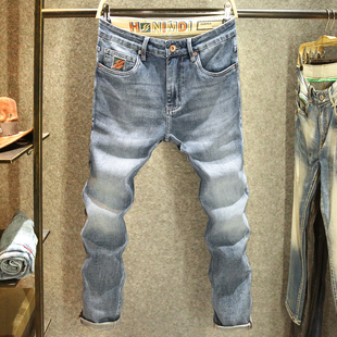 高品质水洗牛仔裤男款修身小直筒弹力裤子个性腰头刺绣设计长裤子