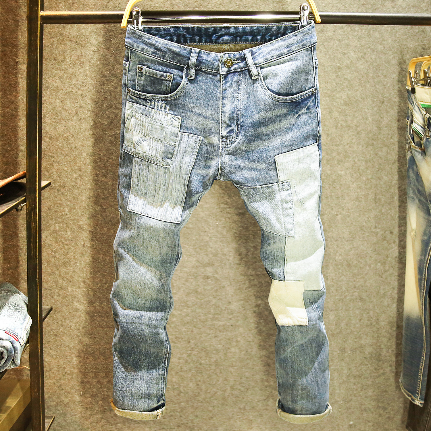 2026新款春夏季潮牌补丁牛仔裤男款修身小脚裤高街时尚拼接长裤子