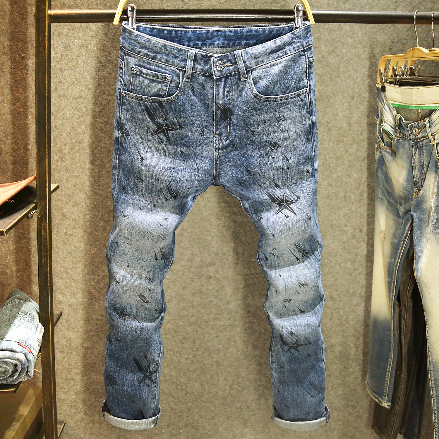 个性五角星印花潮牌休闲牛仔裤男