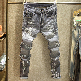 黑灰色春夏款牛仔裤男弹力修身小脚裤街头潮牌印花痞帅长裤子潮流