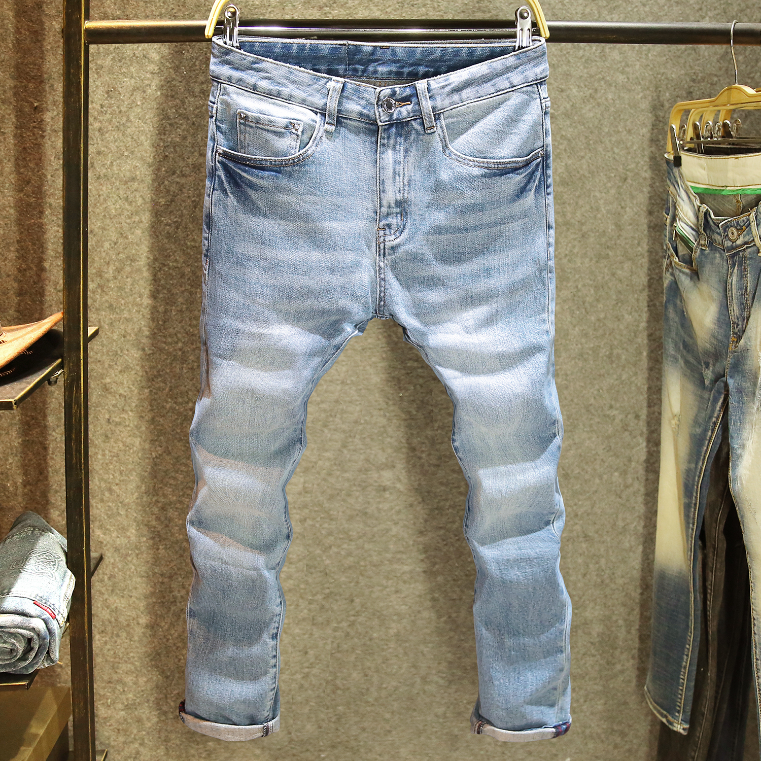 欧货蓝色时尚百搭帅气牛仔裤男款