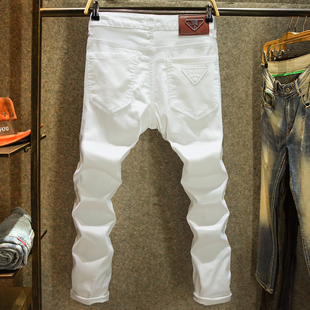 高端舒适面料白色牛仔裤男弹力修身小脚裤潮流烫印镶钻秋季长裤子