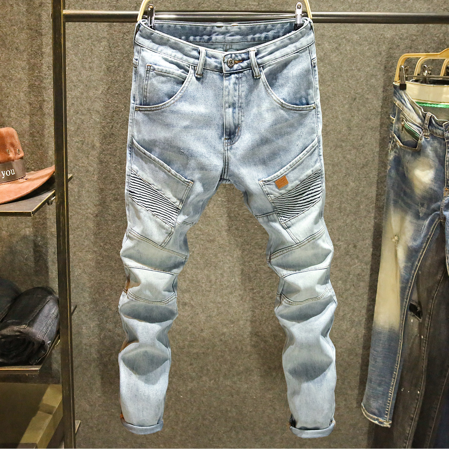 浅蓝色多口袋牛仔裤男修身弹力小脚裤原创潮牌个性设计机车裤子男