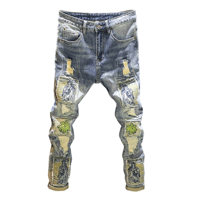 潮男穿搭欧美嘻哈潮流牛仔长裤