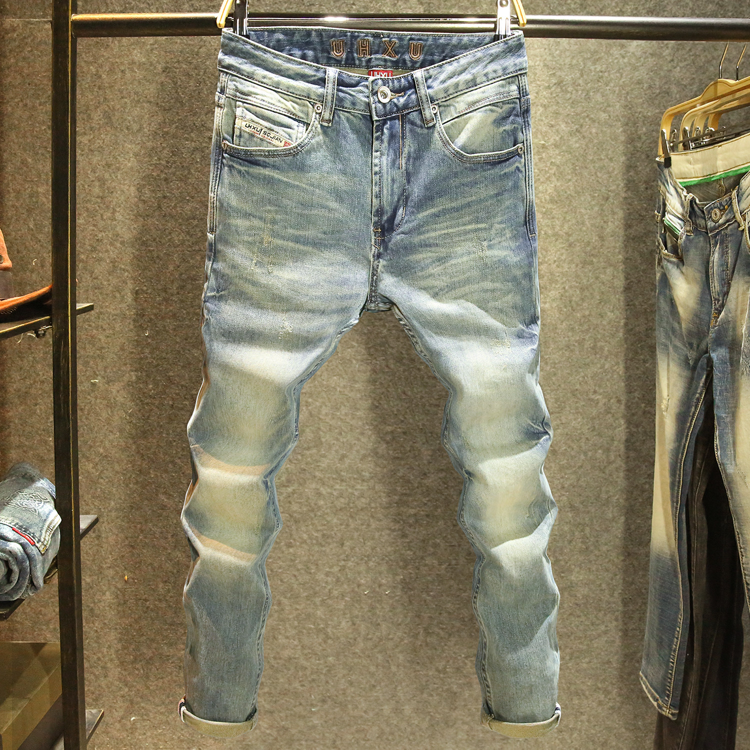 潮牌水洗牛仔裤男款修身小直筒弹力长裤秋冬款美式复古百搭裤子厚