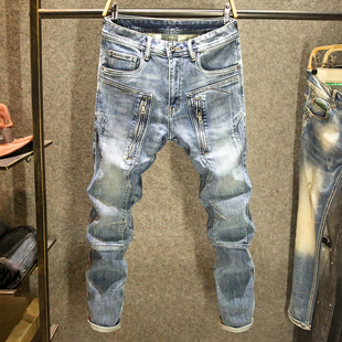 男士个性拼接牛仔裤潮牌机车多口袋小脚裤高街时尚百搭修身长裤子
