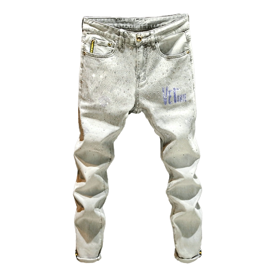 浅灰色镶钻印花牛仔裤男ins潮牌