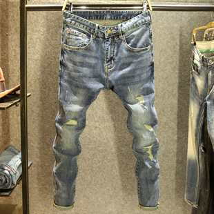 夏季新款牛仔裤男款破洞贴布乞丐休闲小脚裤潮牌韩版补丁修身长裤