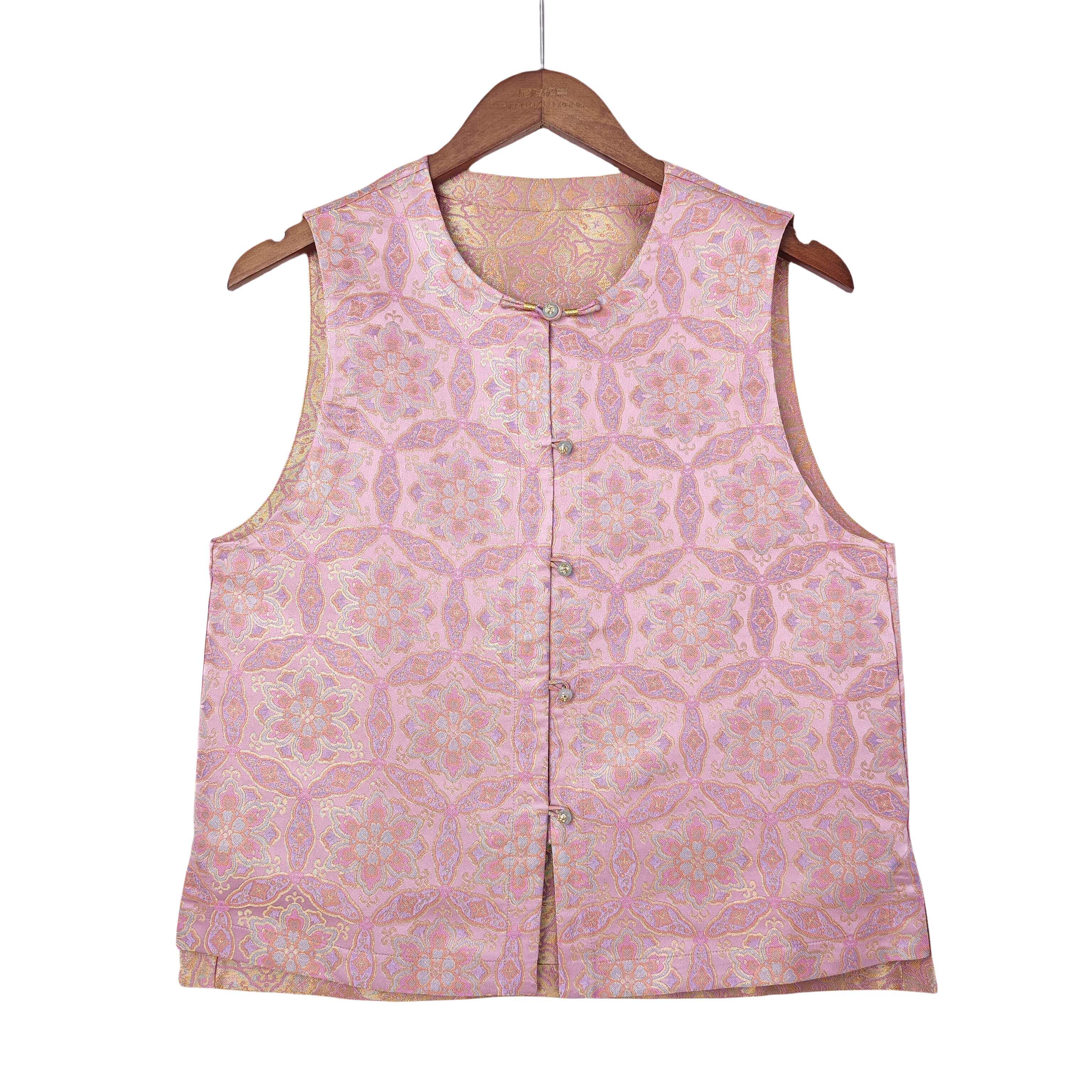 【佳若】新中式桑蚕丝中国风圆领日常女士复古宋锦直襟马甲 24160