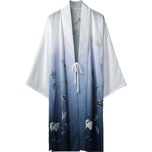 中国风中长款大氅男薄款汉服开衫印花仙气长衫秋古装薄款防晒披风