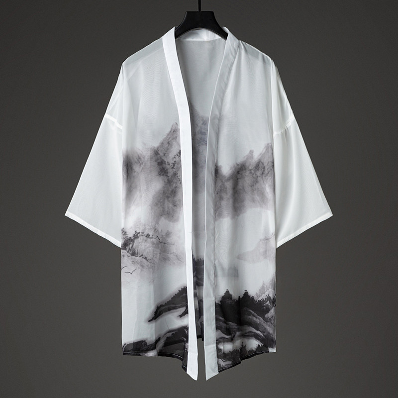 中国风秋季雪纺中袖开衫居士服男士古典表演服民族风轻薄披风外套