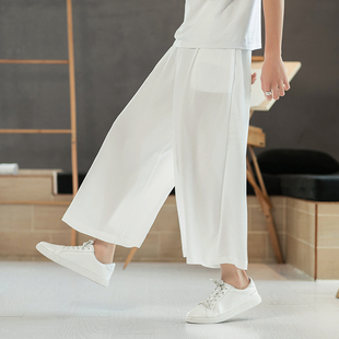 阔腿裤 薄款 宽松大码 古风飘逸长裤 男士 直筒白色雪纺冰丝9分裤 秋季