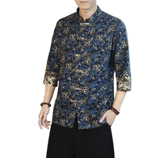 中国风秋季唐装男短袖衬衫棉麻汉服立领盘扣半袖上衣龙袍大码衬衣