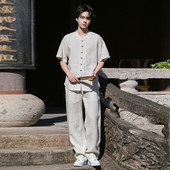 衬衫 直筒长裤 简约时尚 100%亚麻短袖 中国风男夏清凉套装 汉服