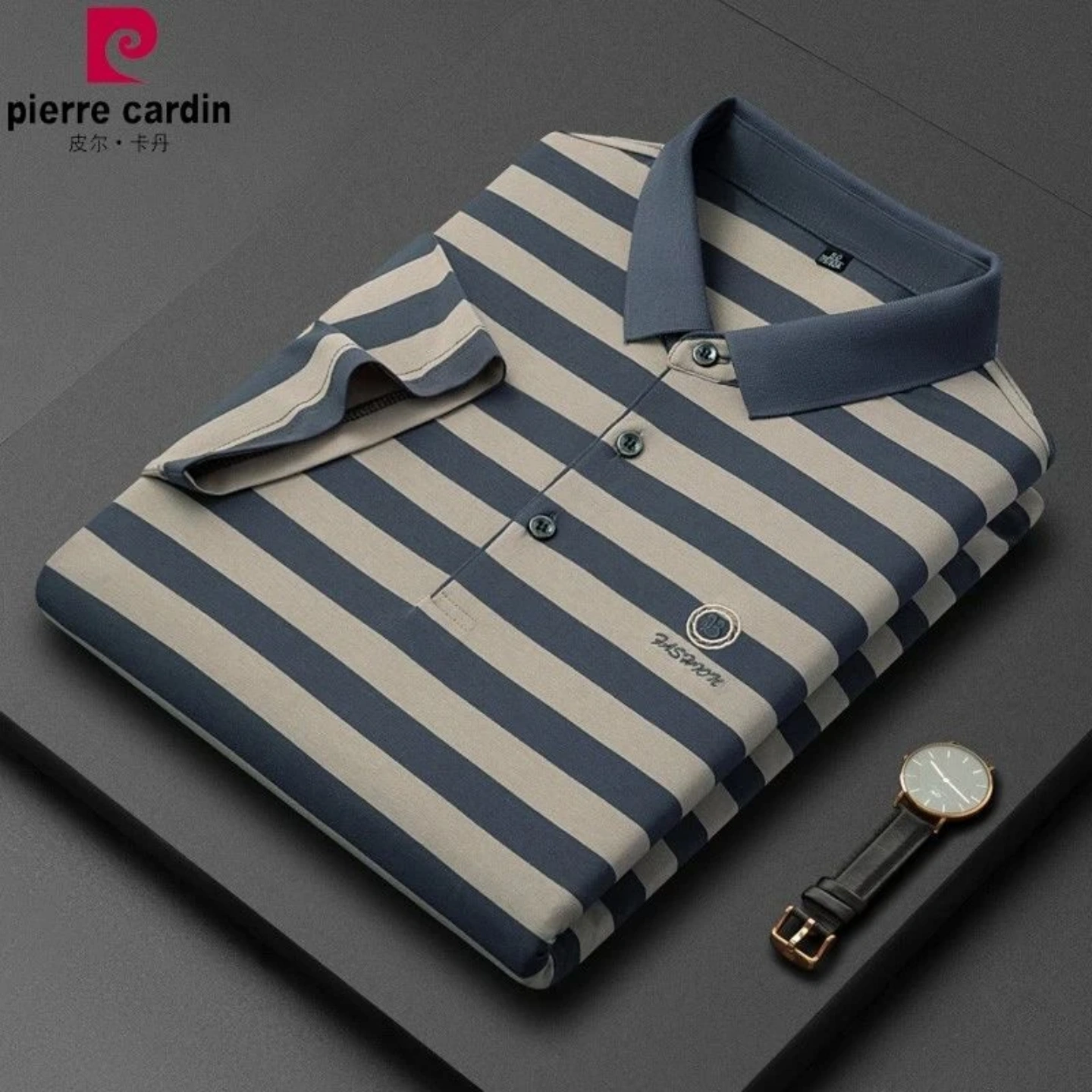 皮尔卡丹男士2026春秋季短袖polo衫中年新款条纹休闲打底翻领t恤