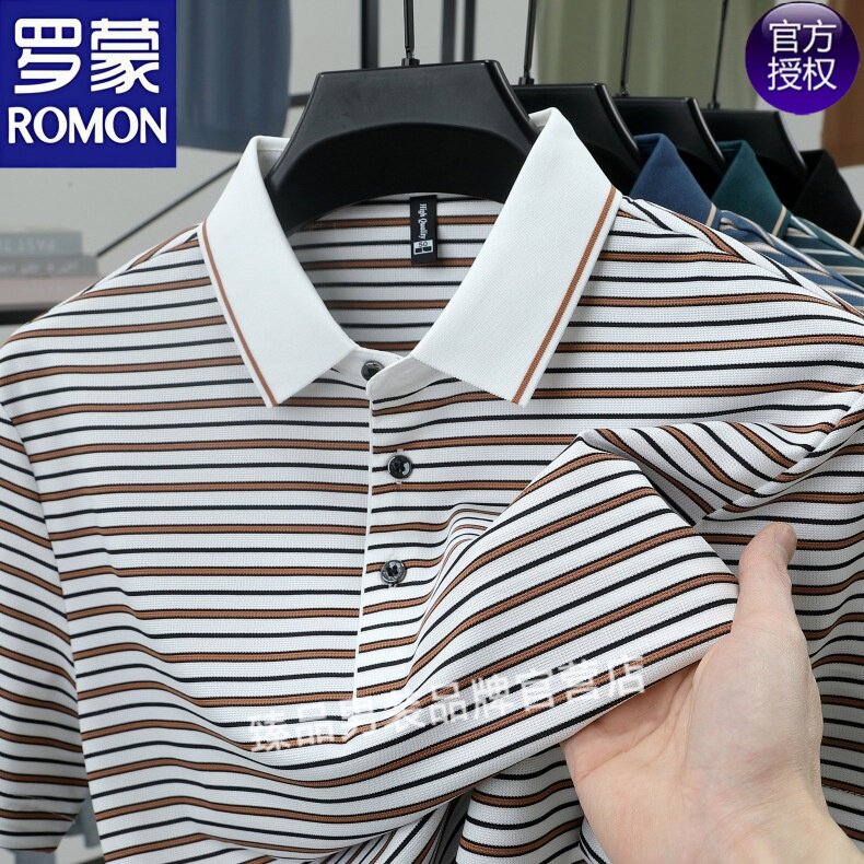 罗蒙2026夏季新款休闲翻领条纹短袖t恤男士中年薄款棉质爸爸上衣