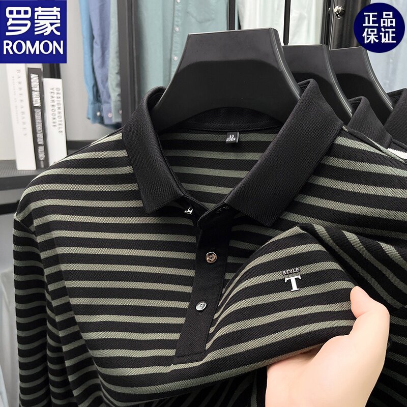 罗蒙男士春秋长袖翻领条纹POLO衫