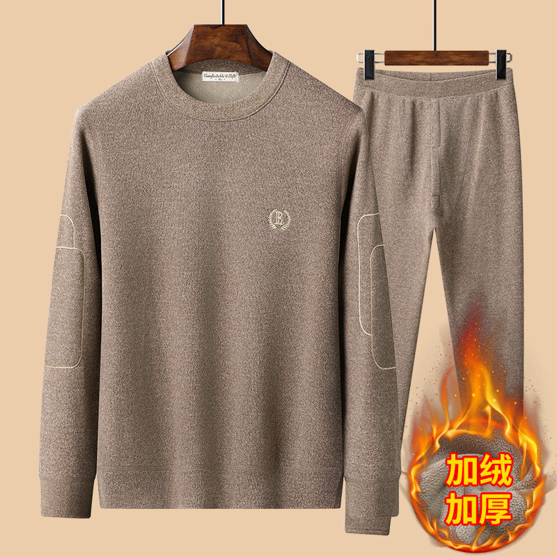 2024冬季新款商务德绒秋衣秋裤加绒加厚保暖内衣中年男士内搭套装