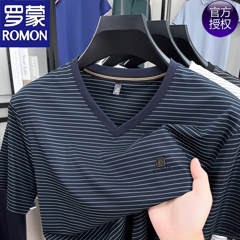罗蒙夏季新款V领条纹短袖t恤衫男