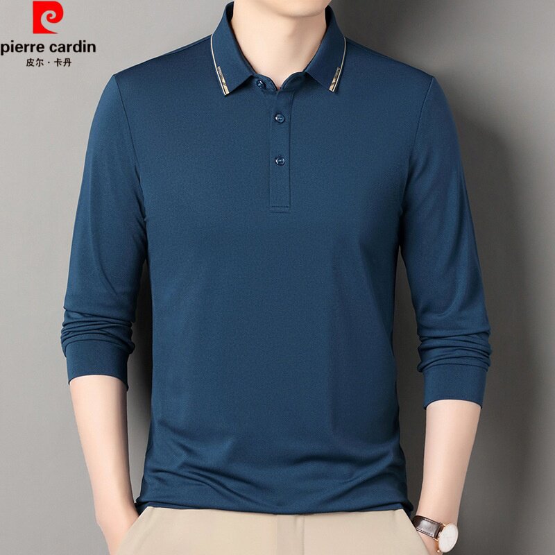皮尔卡丹丝光棉春秋薄款男士长袖polo衫纯色翻领中年爸爸上衣打底