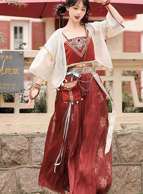 原创鎏光印鸩纱敦煌风改良汉服异域风国风汉元素吊带外披裤子套装