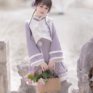 紫云兔原创汉服女改良日常汉元 秋冬 素国风连衣裙旗袍马甲过年套装