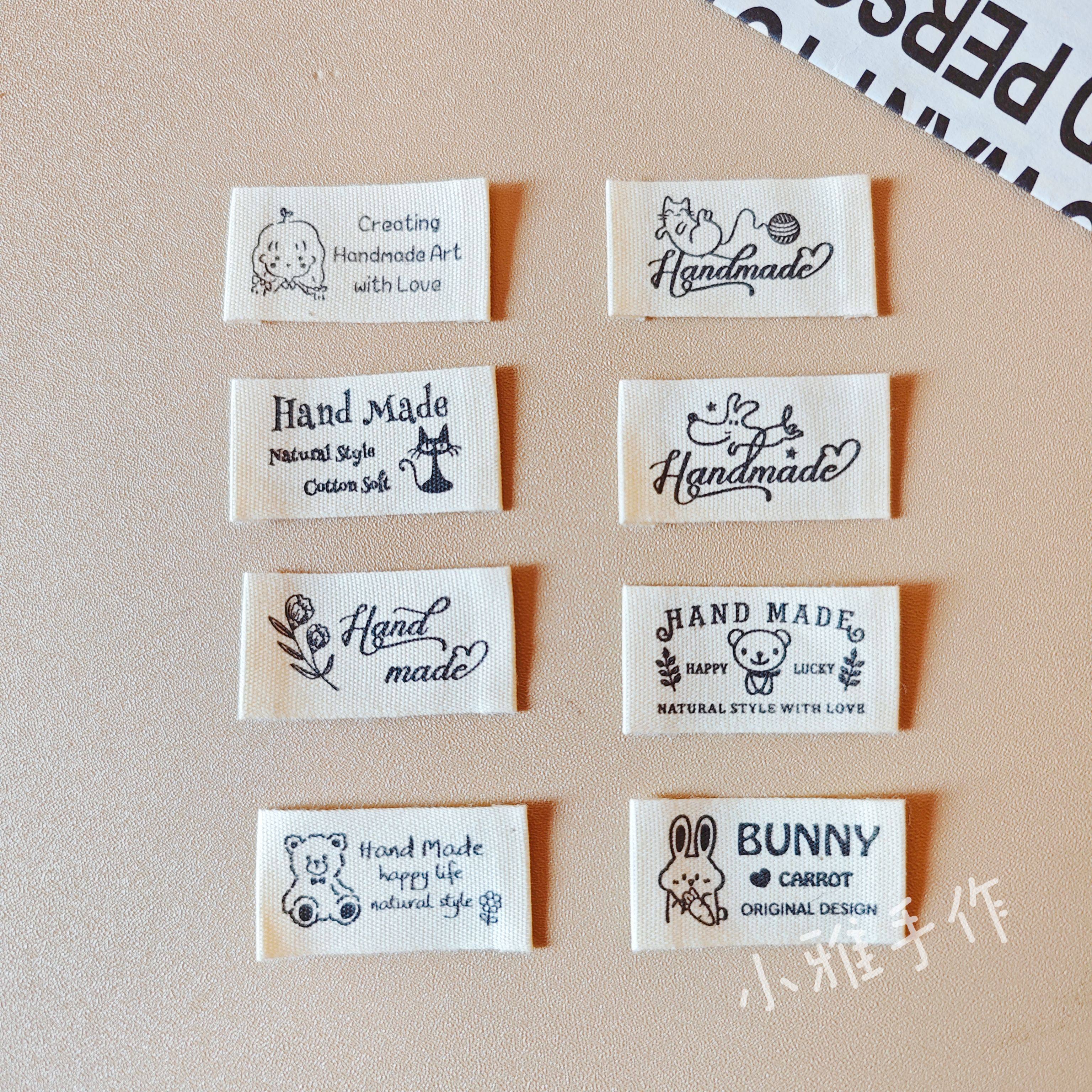 织标布贴纯棉手工布标折边咖啡色女孩猫咪兔子英文花朵布艺辅料