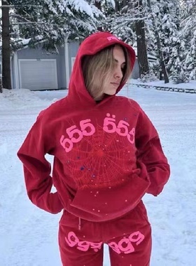 Young Thug明星同款 Sp5der 555555 红色星星套装男女Hoodie 卫衣