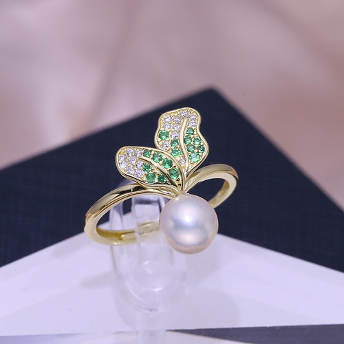 diy珍珠配件叶子戒指空托