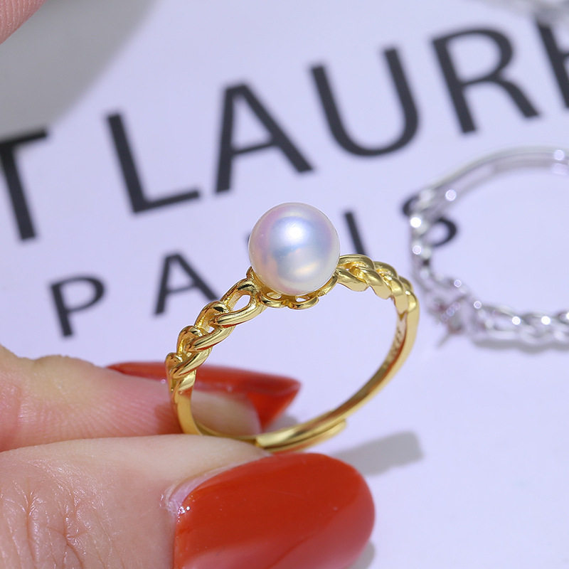 diy配件 S925纯银简约百搭珍珠玉石戒指空托银饰手工指环戒托银托