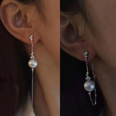 S925纯银珍珠耳环空托 长款 优雅耳坠银托 DIY配件 通孔配饰8 12mm