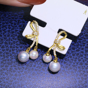 diy珍珠配件 S925纯银甜美少女耳钉耳环空托 双珠耳坠银托半成品