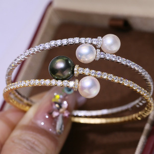 DIY配件 S925纯银珍珠手镯空托 精美满钻双珠手环银托半成品7-11