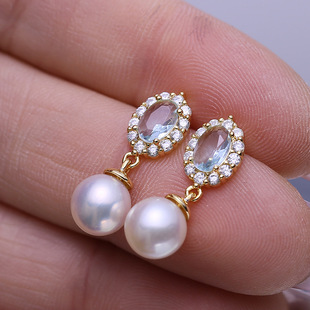 12mm 优雅蓝色锆石耳坠银托7 DIY配件 S925纯银珍珠耳钉耳环空托