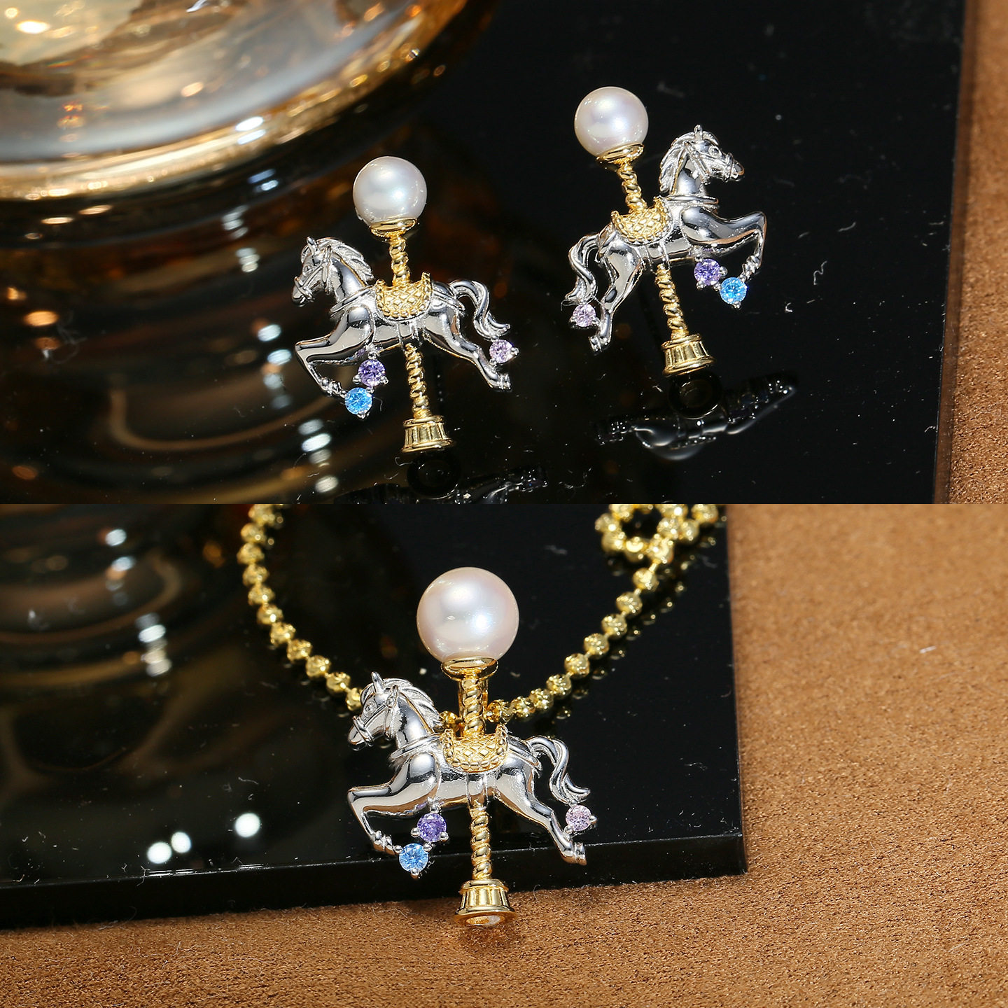 DIY配件 S925纯银旋转木马耳钉吊坠扣空托 双色耳环项坠银托套装,饰品/流行首饰/时尚饰品新,项坠/吊坠,淘宝优惠券,粉丝福利购,淘宝优惠卷