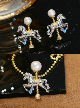 DIY配件 S925纯银旋转木马耳钉吊坠扣空托 双色耳环项坠银托套装