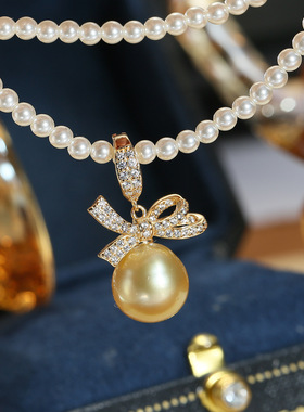 DIY配件 S925纯银蝴蝶结珍珠吊坠扣头空托可打开项坠银托配饰8-12