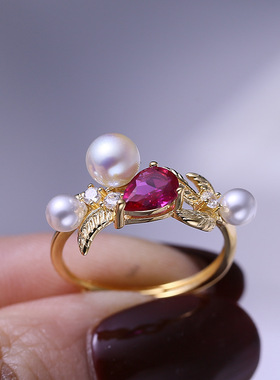 DIY配件S925纯银红钻三珠珍珠戒