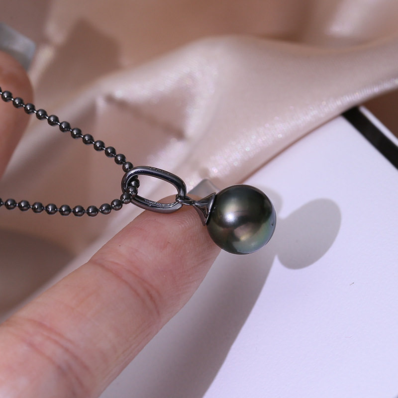 diy配件 S925纯银珍珠吊坠空托 时尚流行镀黑项链坠子银托半成品