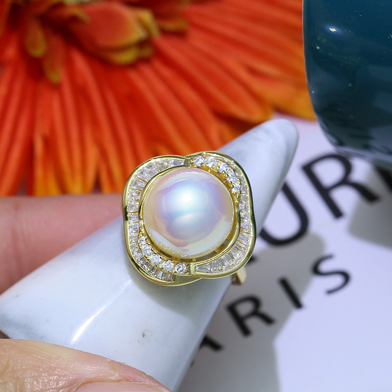 diy配件S925纯银精美大气珍珠戒指空托手工指环戒托材料适合12-13